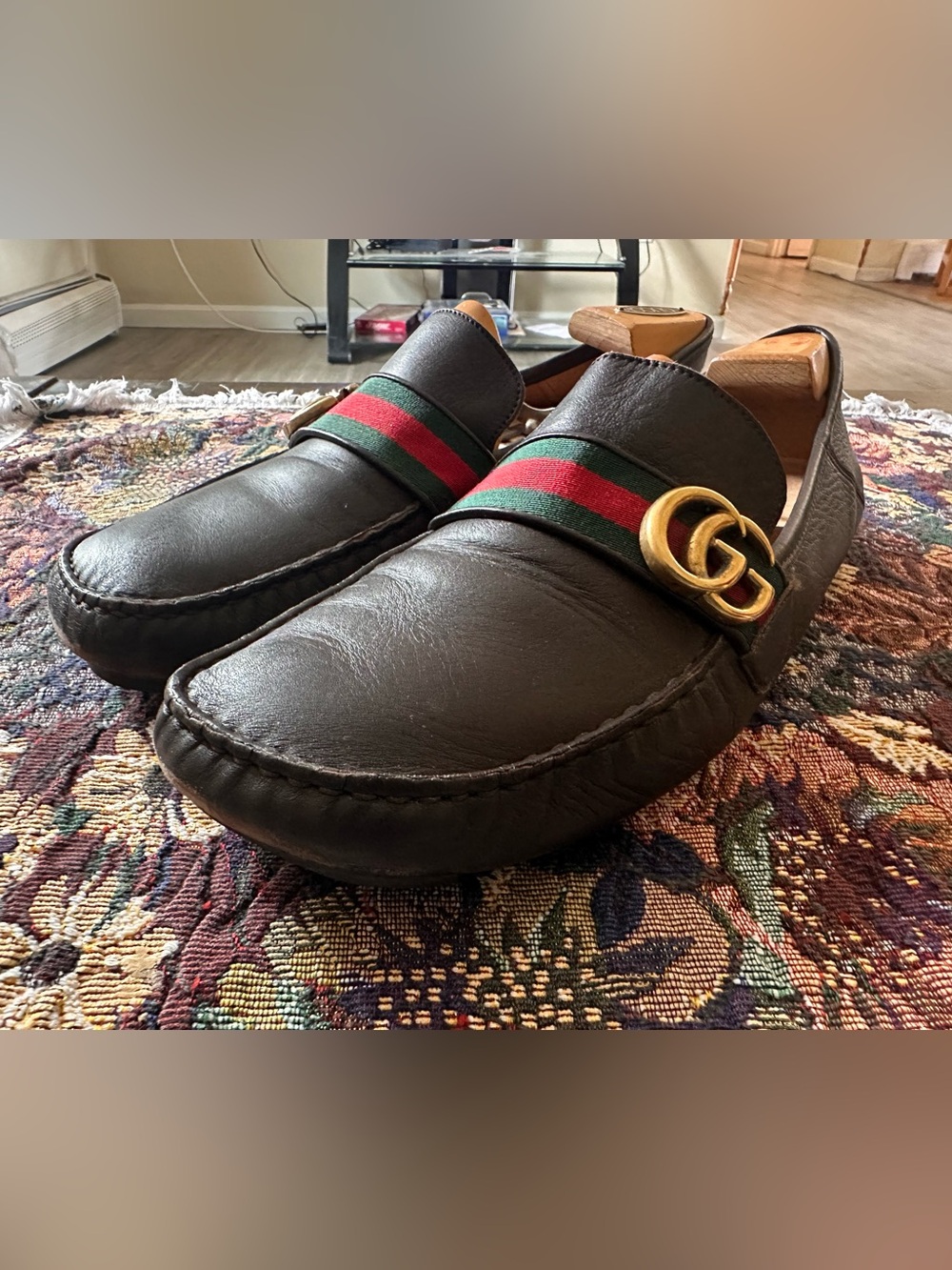 Gucci GG Gold Green Red Web Brown Leather Men’s Driving Loafers Size 12 G
